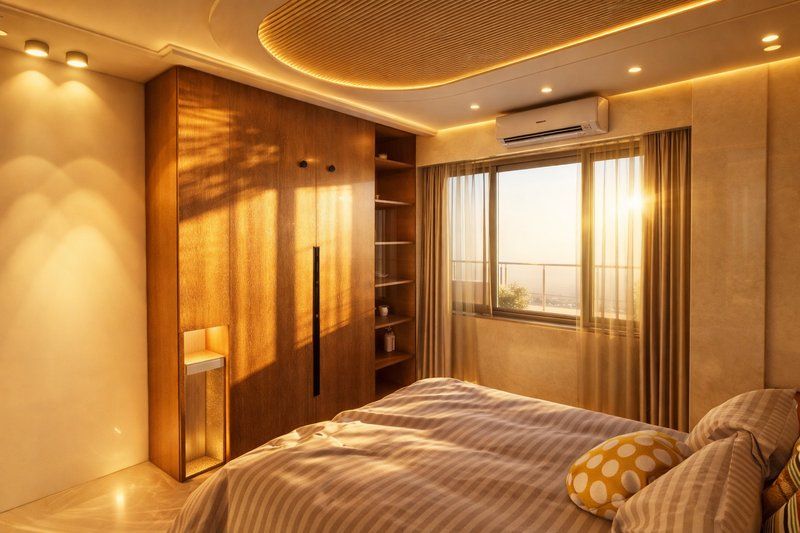 Master bedroom with warm timber panelling and a sunlit window