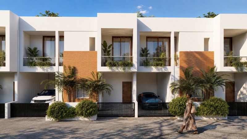 Row of white contemporary houses with timber accents, terraces and planting