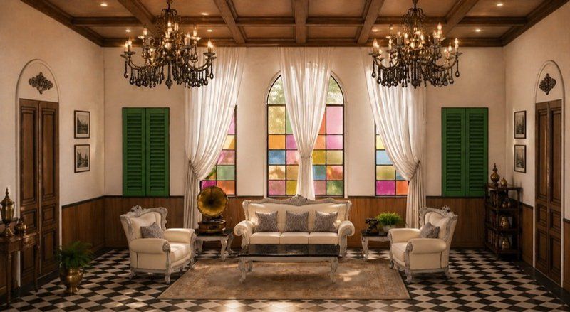 Rajbari drawing room with chandeliers, arched stained glass windows and chequered floor