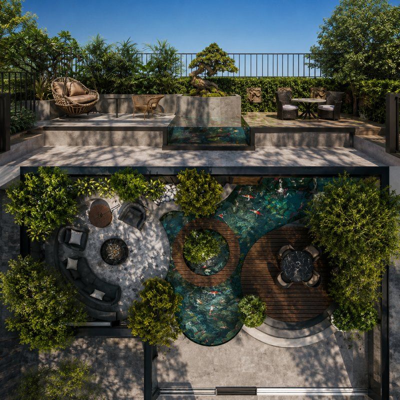 Aerial view of a landscaped backyard and terrace with water feature, planting and seating