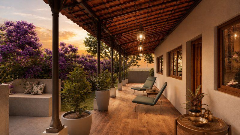 Deep timber verandah with lounge chairs and flowering trees at dusk