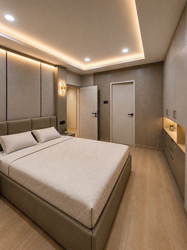 Calm bedroom with panelled headboard wall and warm ceiling light