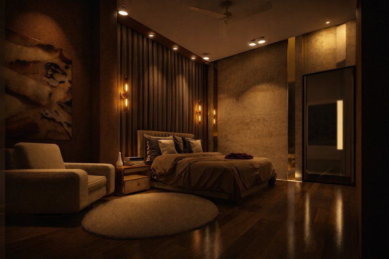 Moody bedroom with textured wall, wood panelling and a seating chair