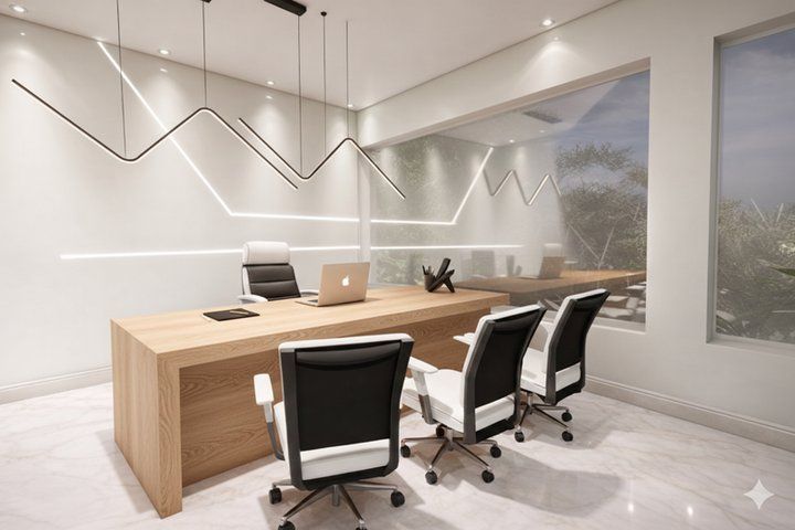 Doctor consultation office with timber desk, chairs and linear ceiling lighting