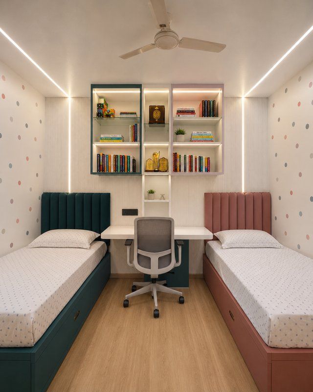 Shared children bedroom with twin beds, study desk and bookshelf