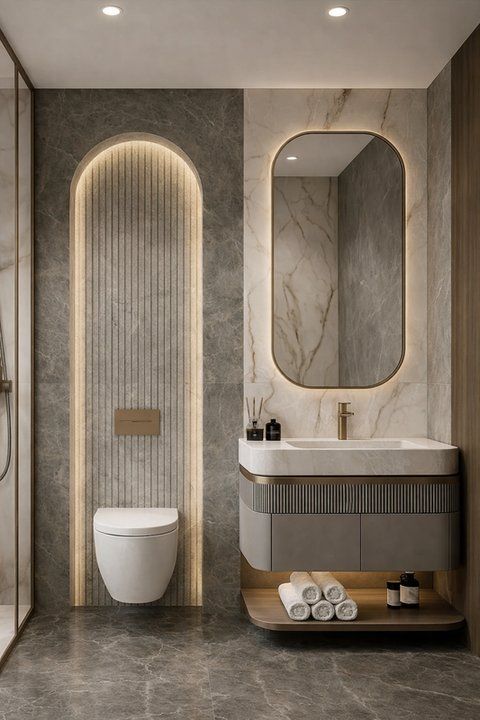 Bathroom with arched mirror, backlit niche and stone finishes