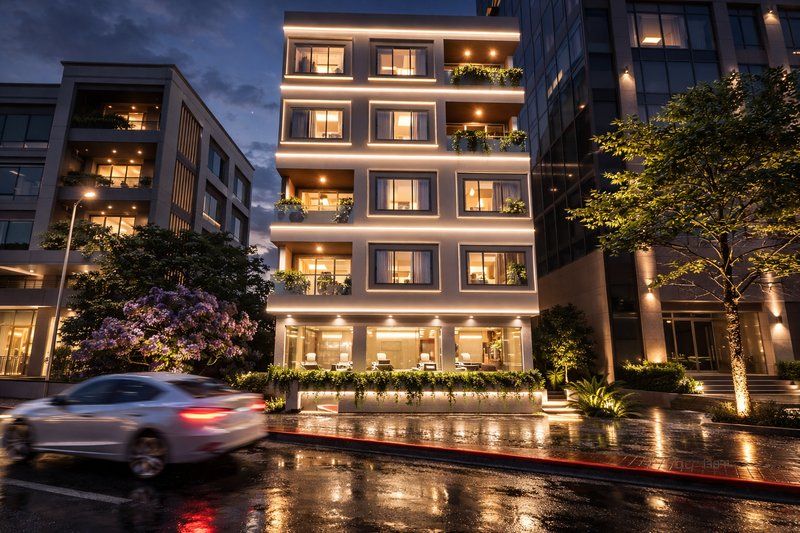 Night elevation of the multi-storey clinic and residence building