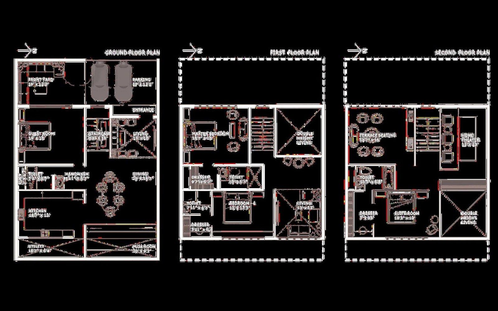 Floor plan 1 of 3 for a four-bedroom villa in Tamil Nadu